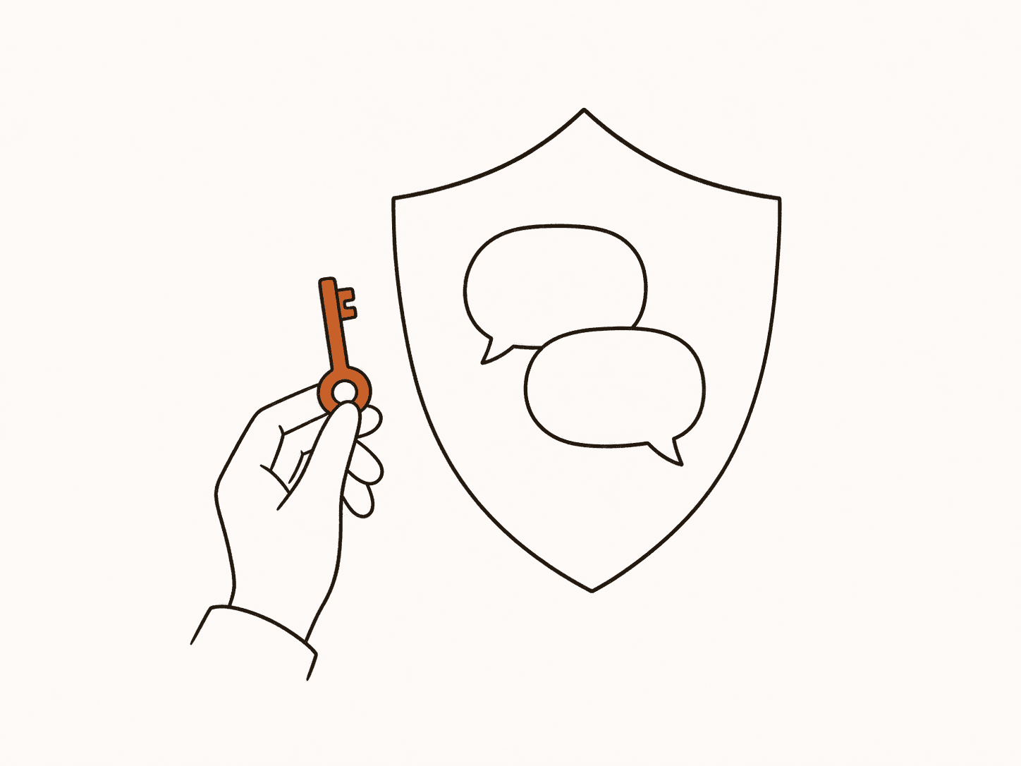 A hand holding a key beside protected conversation bubbles