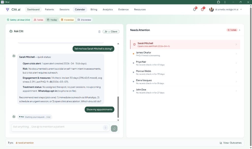 Therapist dashboard with Ask Citt answering a caseload question