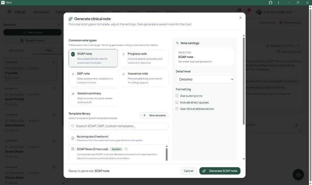 Generate clinical note dialog with SOAP and template options