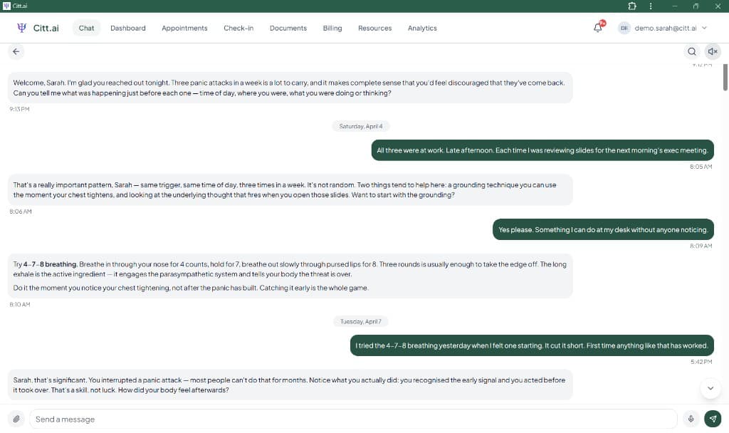 Patient chat with therapist-aligned between-session support