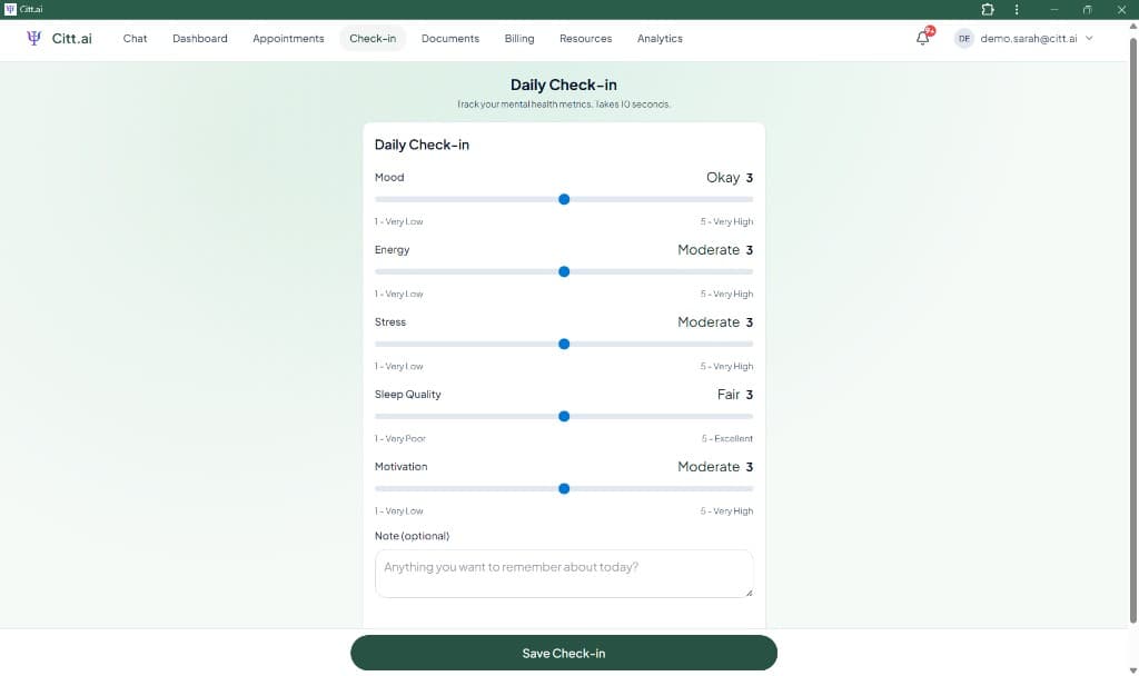 Patient daily check-in for mood, energy, stress, and sleep