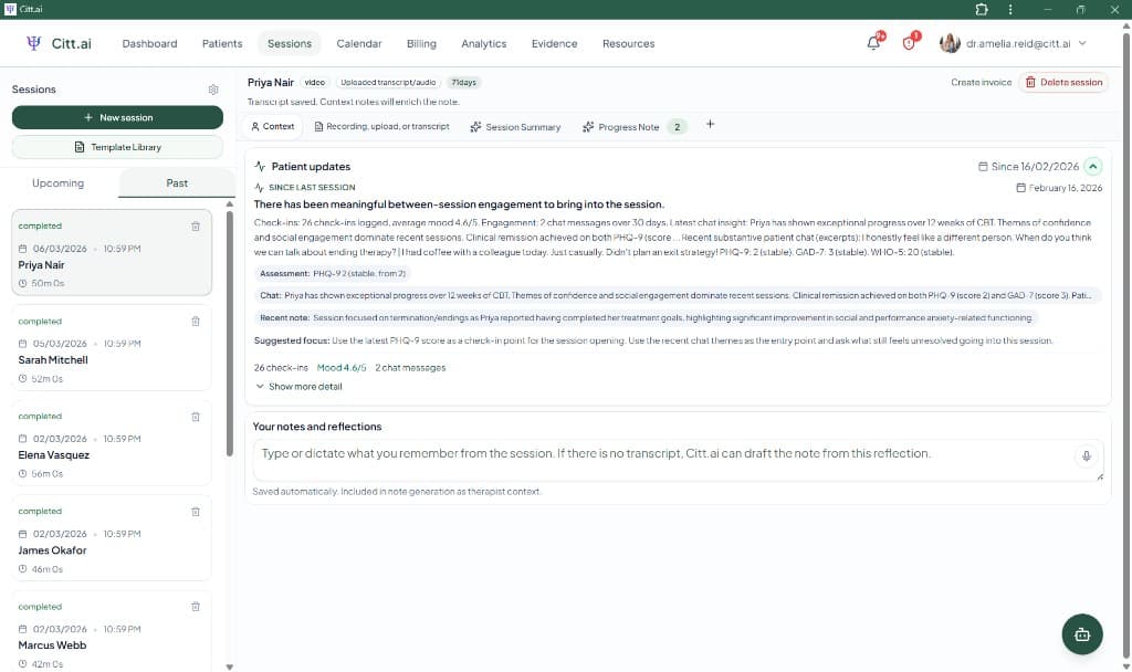 Session context with patient updates, check-ins, and suggested focus