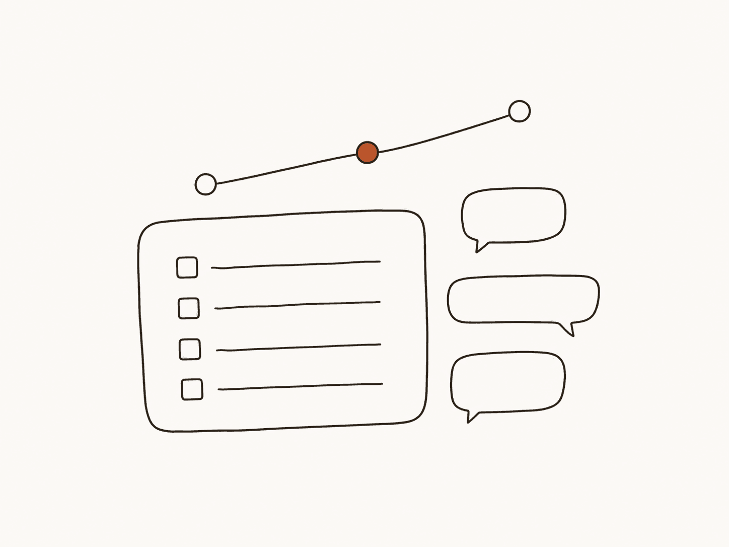 A clinical summary card, chat bubbles, and trend line showing patterns
