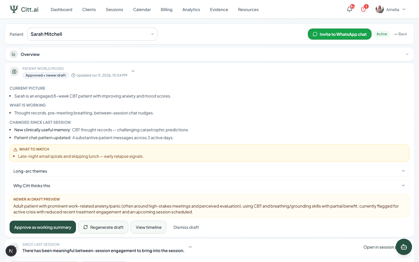 Client overview with since-last-session summary