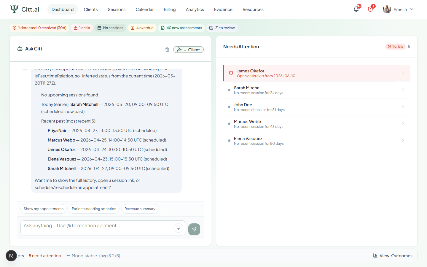 Therapist dashboard with Ask Citt briefing and needs-attention list